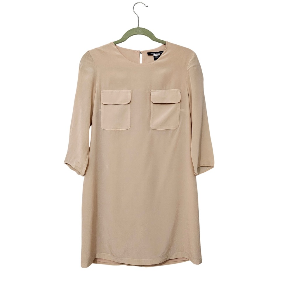French Connection Tan Silk 3/4 Sleeve Pocket Shift Mini Dress 4 Quiet Luxury